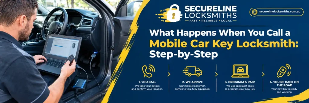 Mobile car key locksmith programming a new car key with diagnostic equipment