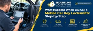 Mobile car key locksmith programming a new car key with diagnostic equipment